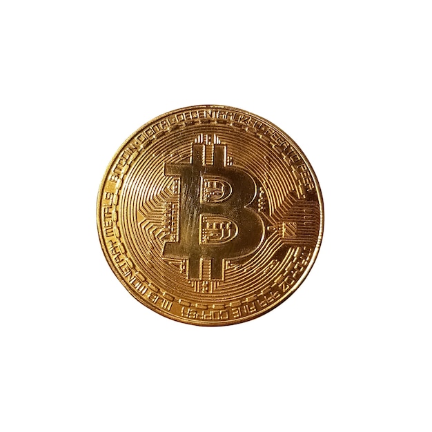 Foto moneda token bitcoin aislado sobre fondo blanco.