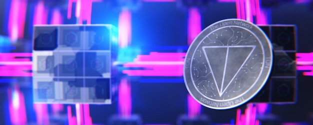 Moneda TON de criptomoneda sobre un fondo futurista Blockchain TON The Open Network TON 3d render