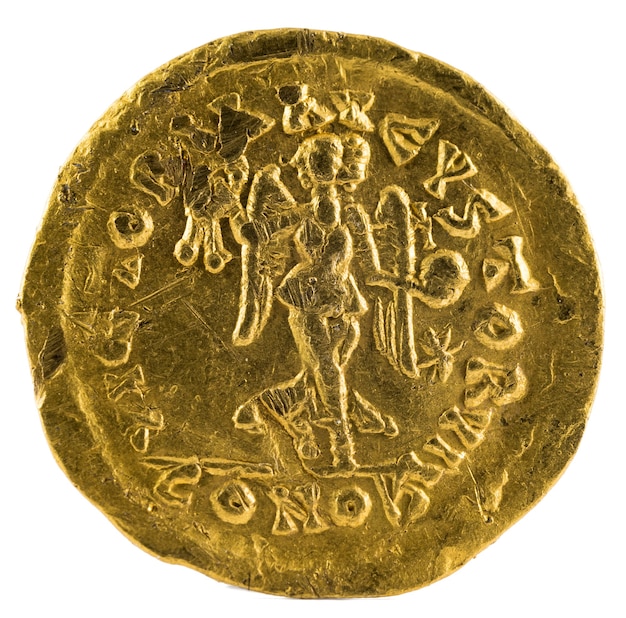 Moneda de tremissis de oro de la antigua Roma del emperador León I.