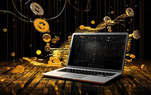 Moneda virtual bitcoin pantalla de la computadora de la cadena de bloques de monedas de criptomoneda de bitcoin banner publicitario