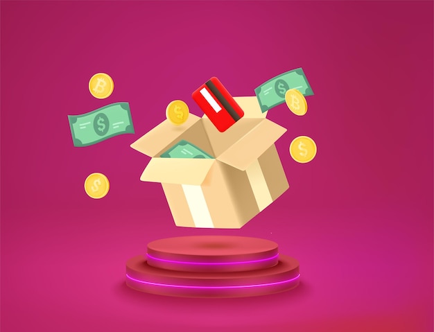 Moneda volando fuera de la caja Vector 3d ilustración