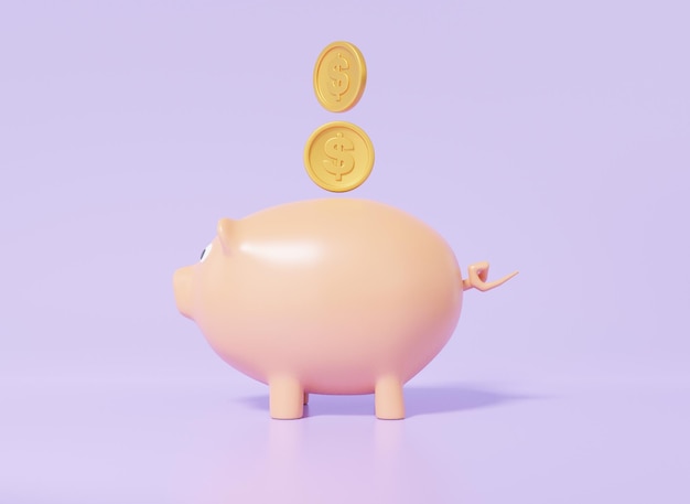 Monedas 3D dólar flotando en una alcancía con concepto de ganancias finanzas ahorro dinero depósito dibujos animados mínimo en ilustración de banner de fondo púrpura