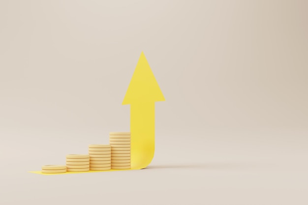 Las monedas se acumulan en crecimiento, lo que significa aumentar el valor del dinero con el signo de la flecha. Ahorre dinero y concepto de inversión. ilustración de renderizado 3d