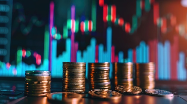 Monedas apiladas con un gráfico de barra ascendente detrás que muestra un crecimiento financiero constante y éxito comercial