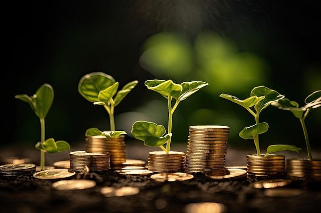 monedas apiladas con plantas