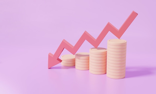 Las monedas apilan la flecha hacia abajo del gráfico rojo sobre el fondo púrpura. Cambio de inversión. Finanzas.