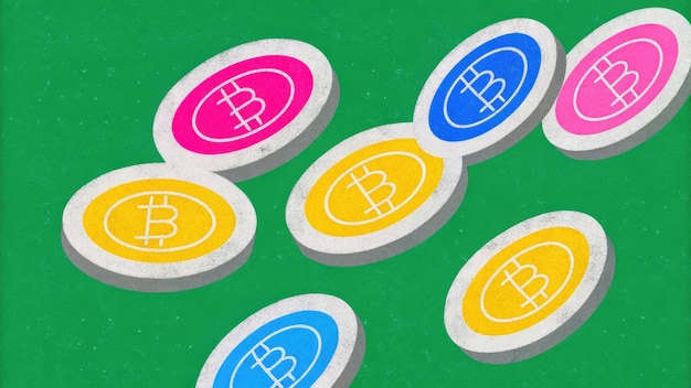 Monedas de Bitcoin de colores que caen sobre un fondo verde