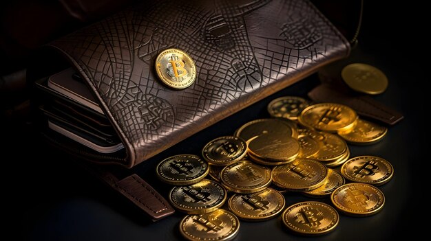 Foto monedas de bitcoin dispuestas en un símbolo de billetera segura