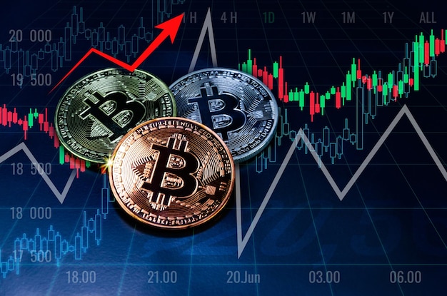 Monedas de bitcoin en el gráfico comercial del diagrama de gráfico símbolo de dinero virtual electrónico y minería