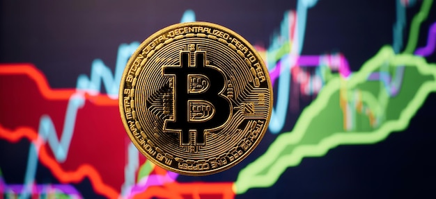 Monedas de Bitcoin con gráfico de precios de mercado de intercambio comercial global en segundo plano