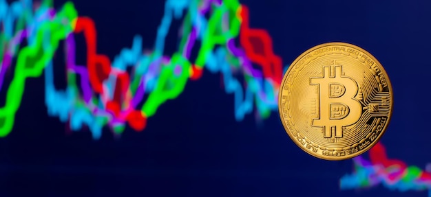 Monedas de Bitcoin con gráfico de precios de mercado de intercambio comercial global en segundo plano