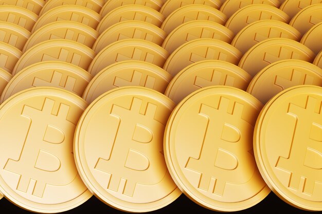 Monedas de bitcoin de marco completo de arte pop aisladas sobre fondo negro ilustración de representación 3d