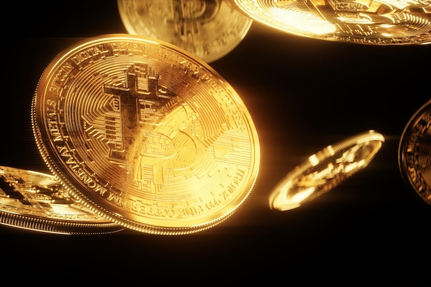 Monedas de bitcoin de oro aisladas sobre fondo negro, aislar. Tecnología Blockchain, Bloque de datos criptográficos, dinero del futuro. Procesamiento 3D, ilustración 3D. Copie el espacio.