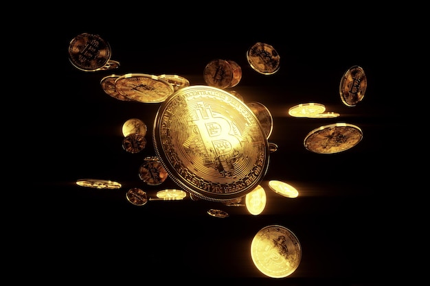 Monedas de bitcoin de oro aisladas sobre fondo negro, aislar. Tecnología Blockchain, Bloque de datos criptográficos, dinero del futuro. Procesamiento 3D, ilustración 3D. Copie el espacio.