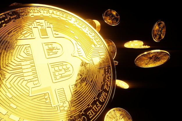 Monedas de bitcoin de oro aisladas sobre fondo negro, aislar. Tecnología Blockchain, Bloque de datos criptográficos, dinero del futuro. Procesamiento 3D, ilustración 3D. Copie el espacio.