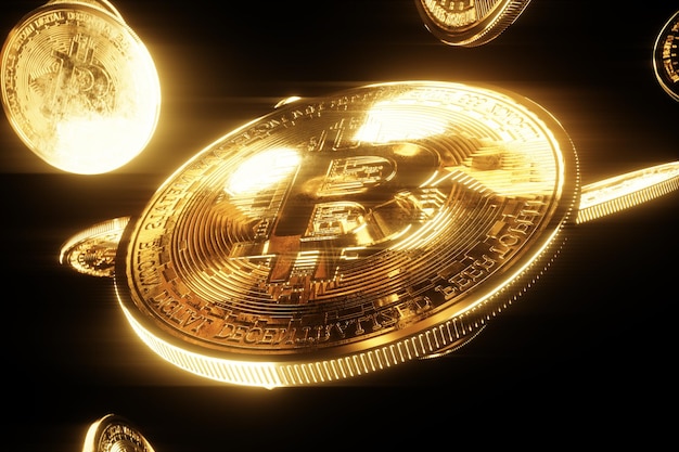 Monedas de bitcoin de oro aisladas sobre fondo negro, aislar. Tecnología Blockchain, Bloque de datos criptográficos, dinero del futuro. Procesamiento 3D, ilustración 3D. Copie el espacio.