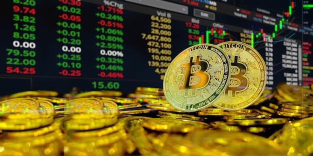 Monedas bitcoin de oro en el fondo de la mesa de lectura