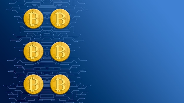 Monedas bitcoin de oro sobre fondo azul tecnología 3d