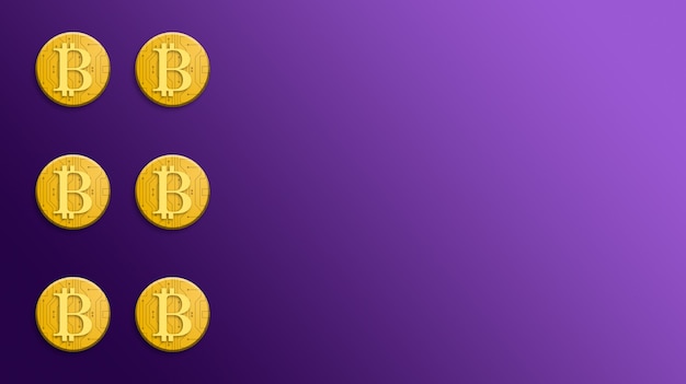 Monedas bitcoin de oro sobre fondo morado 3d