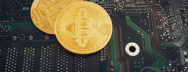 Monedas de bits panorámicas en el fondo de un microcircuito de computadora