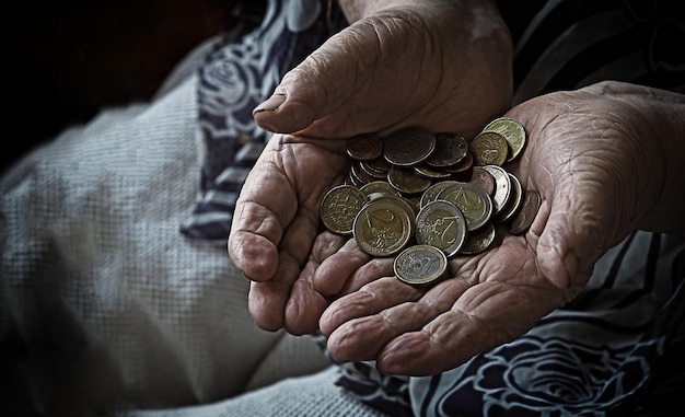 Monedas de céntimos de euro se encuentran en las palmas arrugadas de un anciano, primer plano de las manos, concepto de pobreza y ahorros para la jubilación