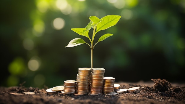 monedas de concepto de dinero y negocios se apilan con plantas en la naturaleza ahorrando dinero y creciendo en la naturaleza