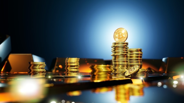 Monedas de criptomonedas Bitcoin rodeadas de barras de oro