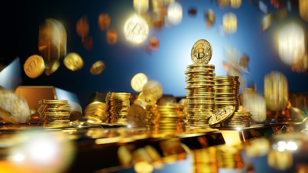 Monedas de criptomonedas Bitcoin rodeadas de barras de oro