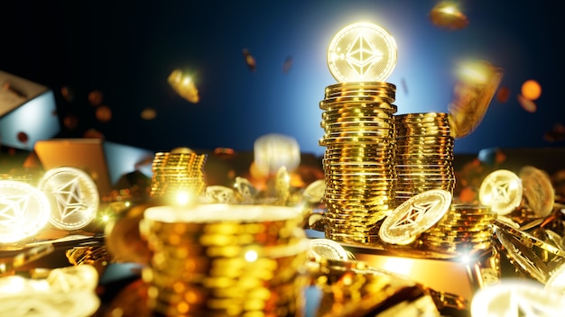 Monedas de criptomonedas Ethereum rodeadas de lingotes de oro