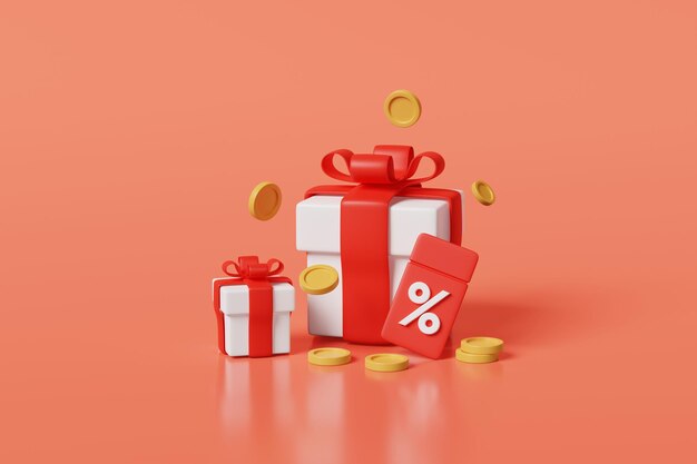 Foto monedas de dinero de caja de regalo con cupón tarjeta de promoción fondo naranja venta especial descuento celebración evento porcentaje de oferta de etiqueta de precio y presente blanco en cinta roja para compras marketing renderizado 3d