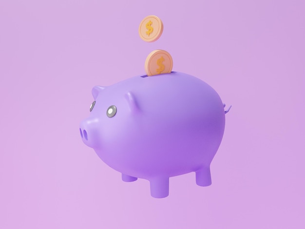 Monedas dinero flotando en la alcancía con concepto de ganancias finanzas ahorro dinero reducción costo dibujos animados estilo mínimo en fondo púrpura banner 3d render ilustración