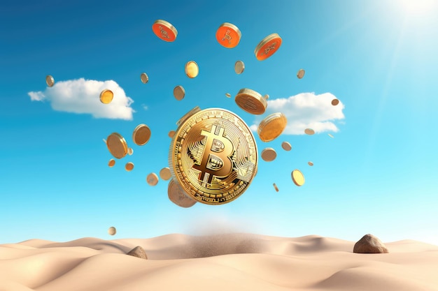 Monedas doradas de bitcoin cayendo y fondo del cielo