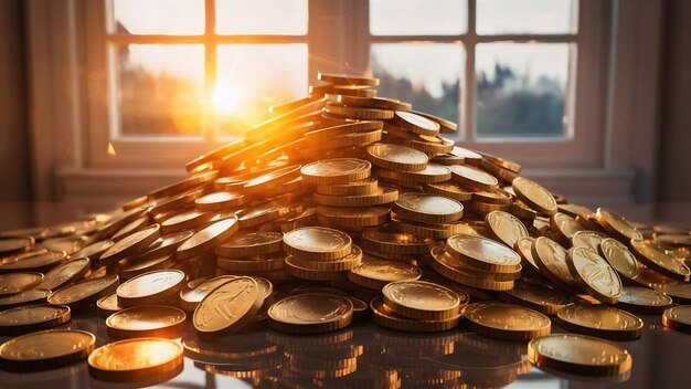 Las monedas están apiladas juntas con el sol de la mañana brillando