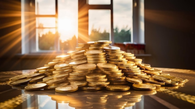 Las monedas están apiladas juntas con el sol de la mañana brillando