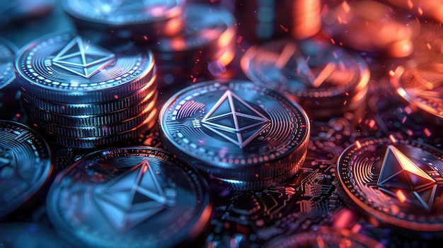 Monedas de Ethereum con luces de neón que representan criptomonedas y finanzas digitales