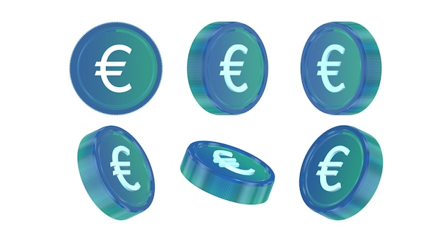 Foto monedas de euro 3d azul en diferentes ángulos con fondo blanco.