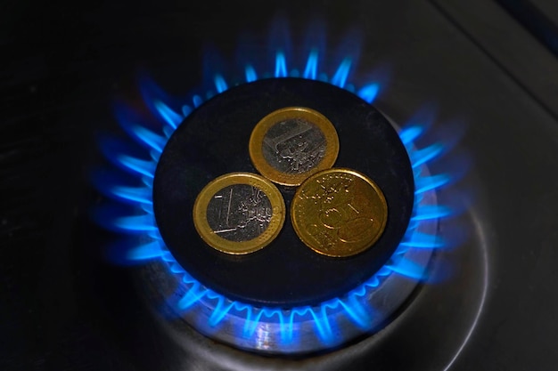 Monedas de euro con un incendio de gas azul en una estufa de cocina Crisis de gas Consumo creciente Costo de electricidad y concepto de energía costosa Aumento de precios de la factura de servicios públicos Inflación anual Presupuesto doméstico