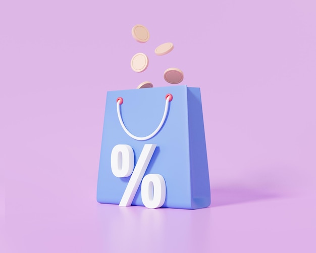 Monedas flotando a través de una bolsa de compras sobre fondo púrpura pastel dibujos animados estilo minimalista descuento promoción venta banner porcentaje sitio web 3d renderizado ilustración