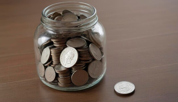 monedas en un frasco de vidrio en la mesa