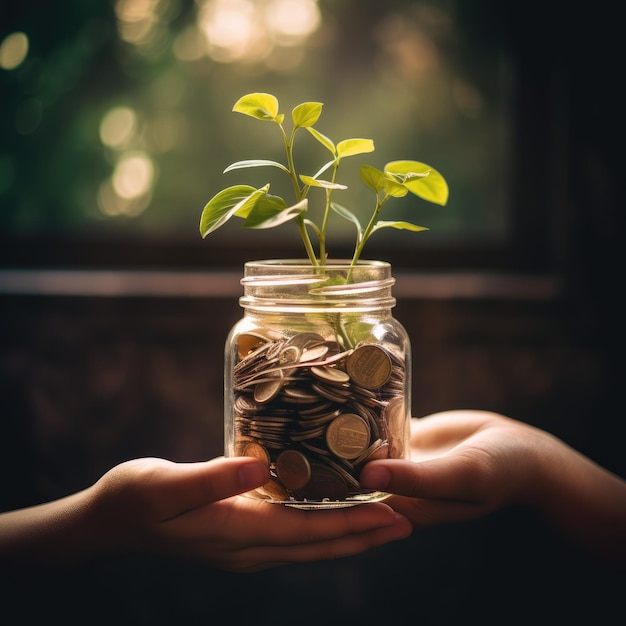 Foto monedas en un frasco de vidrio con una planta joven en el fondo de la ventana