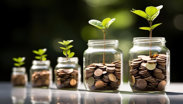 Monedas en frasco de vidrio con una planta verde creciendo en la parte superior concepto de ahorro de dinero
