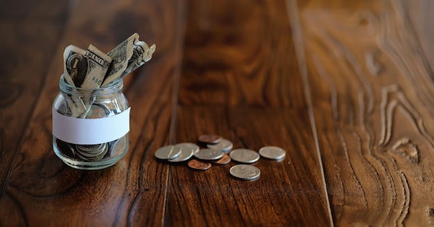 Monedas en un frasco de vidrio sobre un piso de madera. Ahorros de bolsillo de monedas en el banco. Hucha en un frasco de vidrio con monedas.