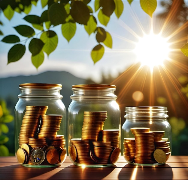 Monedas en frascos de vidrio en un día soleado
