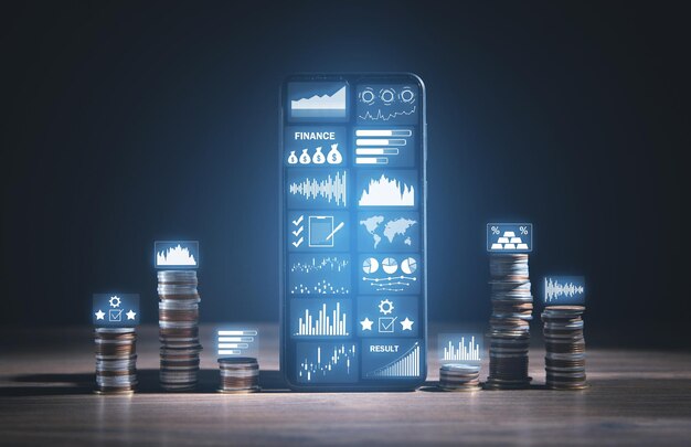 Monedas con gráficos en la pantalla del teléfono inteligente