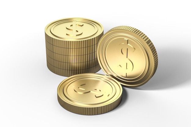 Monedas de moneda dorada con representación 3d de fondo blanco