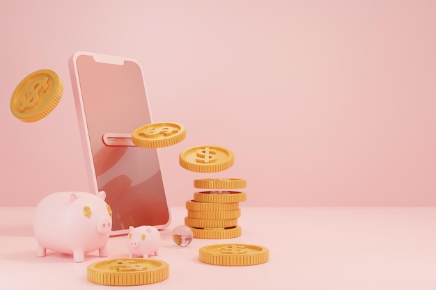 Foto monedas de oro 3d cayendo al teléfono móvil para transferencia de dinero inversión financiera money piggy