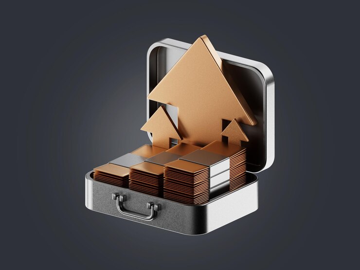 Monedas de oro 3d en maletín negro sobre fondo gris Representación de ilustración 3D
