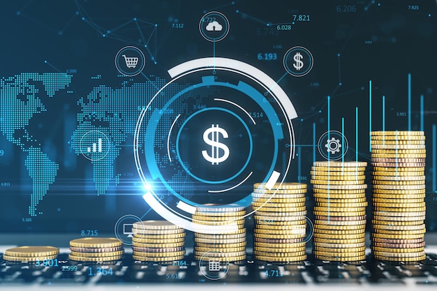 Monedas de oro apiladas abstractas con gráfico de forex creativo y signo de dólar con mapa sobre fondo borroso Concepto de cripto oro y forex Representación 3D y doble exposición