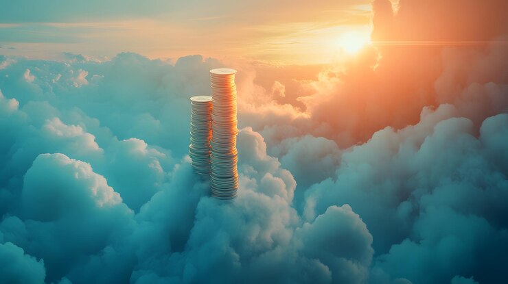 Monedas de oro apiladas en un cielo lleno de nubes