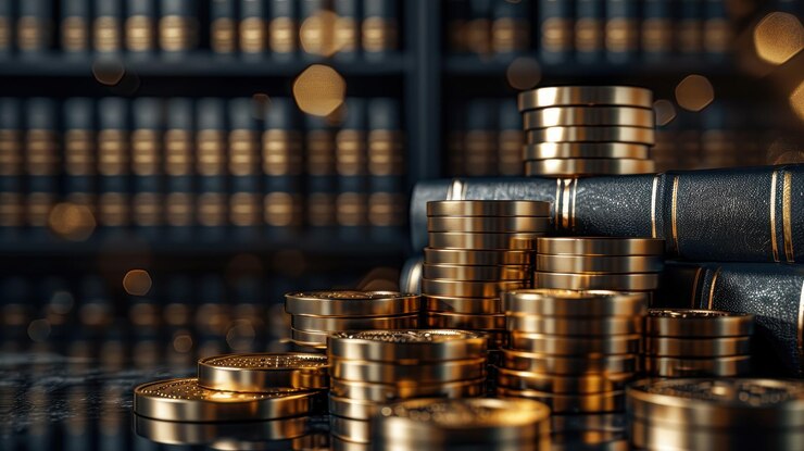 Monedas de oro apiladas junto a libros en una biblioteca Concepto de riqueza y conocimiento